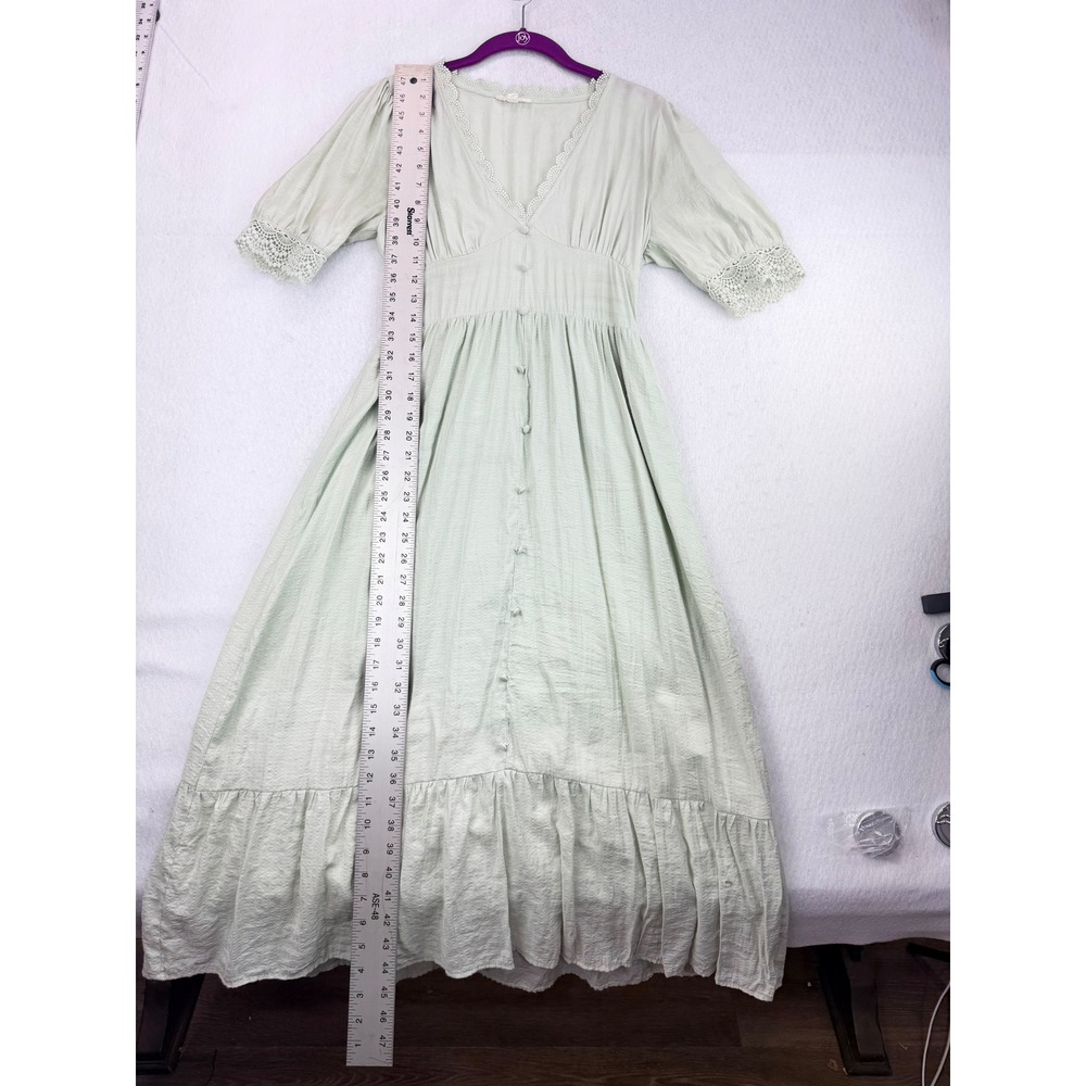 By The River Women's M Sage Green Maxi Dress Lace Trim Button Front Boho - Picture 8 of 14